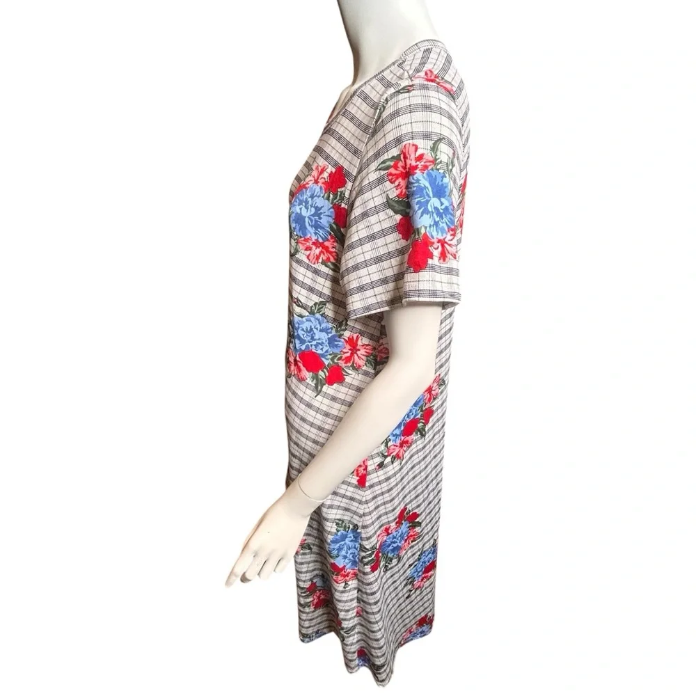 Lularoe XL Carly Dress Black White Plaid & Red Pink Roses Floral Unicorn Print - Picture 7 of 12